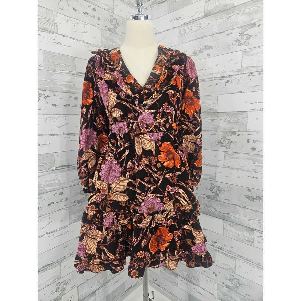 Pilcro Anthropologie Floral Corduroy Ruffle Mini Dress XS Orange Purple Boho